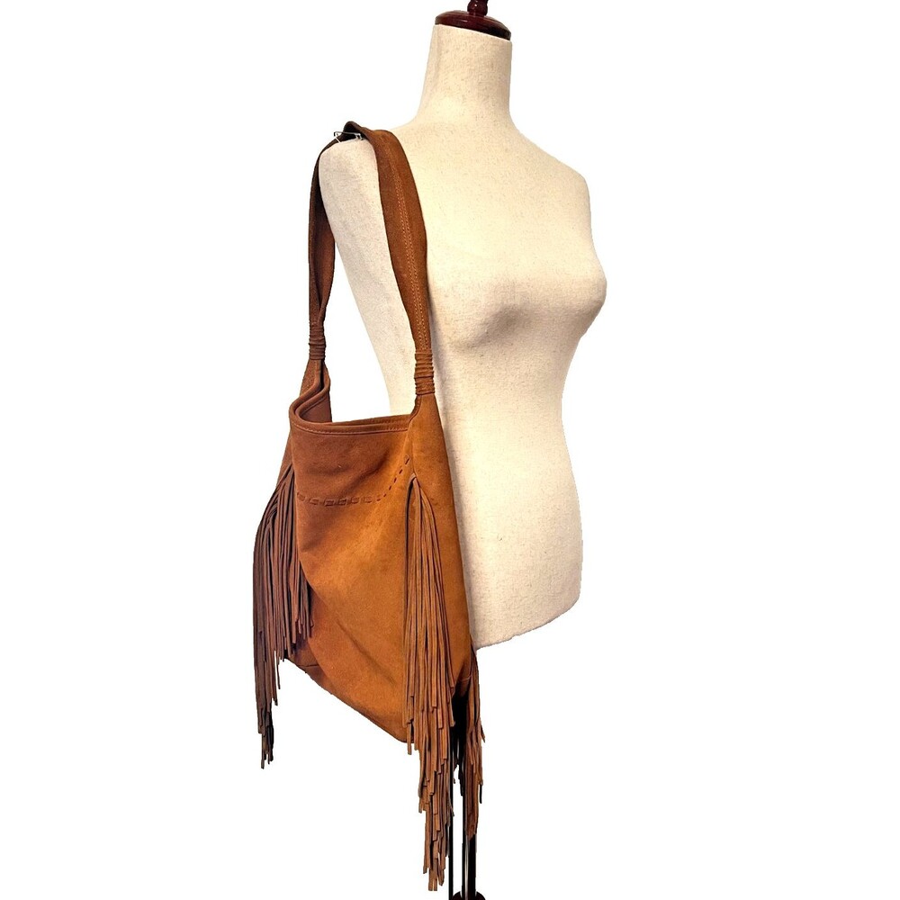 Margot Suede Leather Long Fringe Bucket Shoulder Bag Tote Brown Western Hippie - Picture 2 of 16